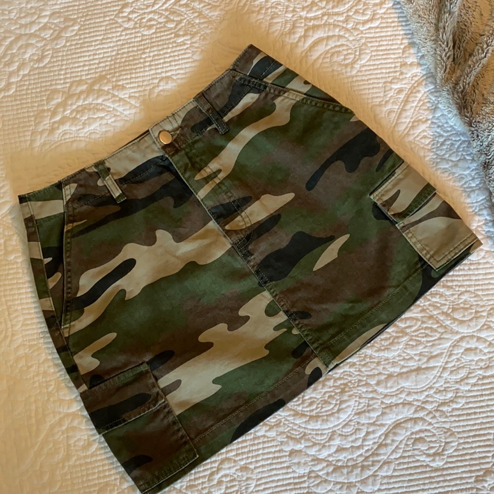 Camouflage mini skirt.